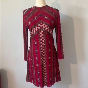 Free People Burgundy Geometric Long Sleeve Mini Dress - Sz Small